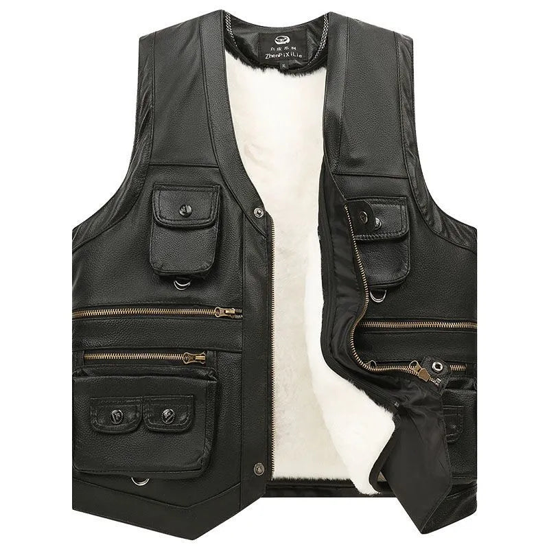 Leather Vest Cashmere Lined Sleeveless Zip-Up