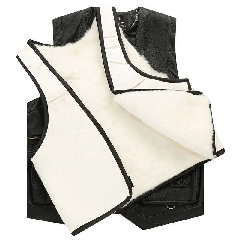 Leather Vest Cashmere Lined Sleeveless Zip-Up