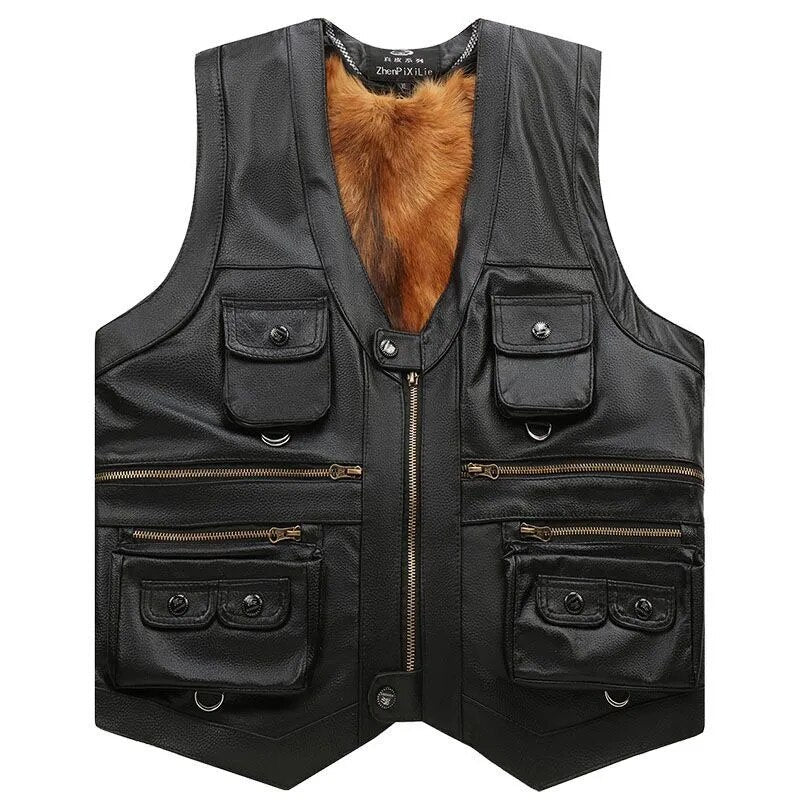 Leather Vest Cashmere Lined Sleeveless Zip-Up