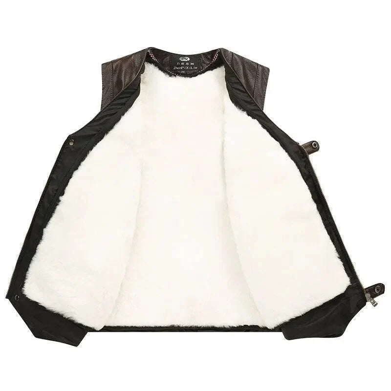 Leather Vest Cashmere Lined Sleeveless Zip-Up