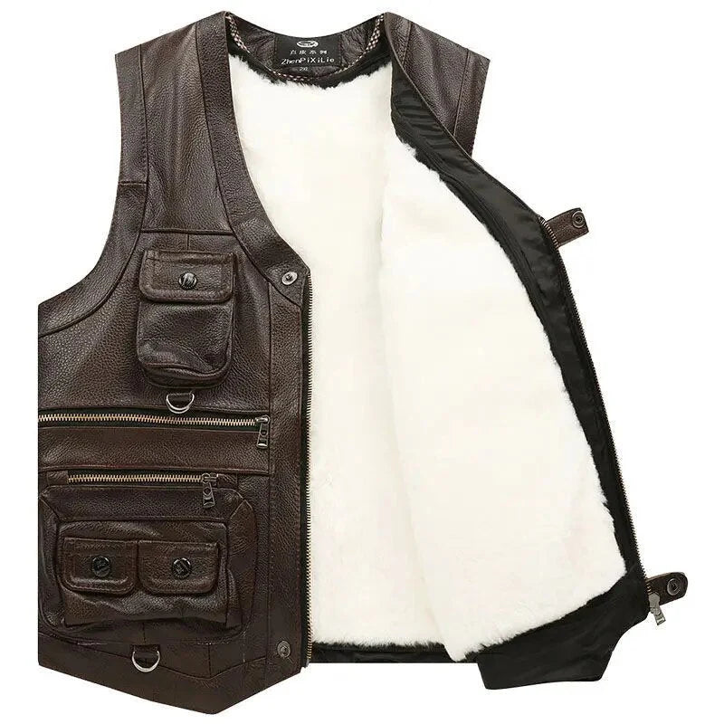 Leather Vest Cashmere Lined Sleeveless Zip-Up