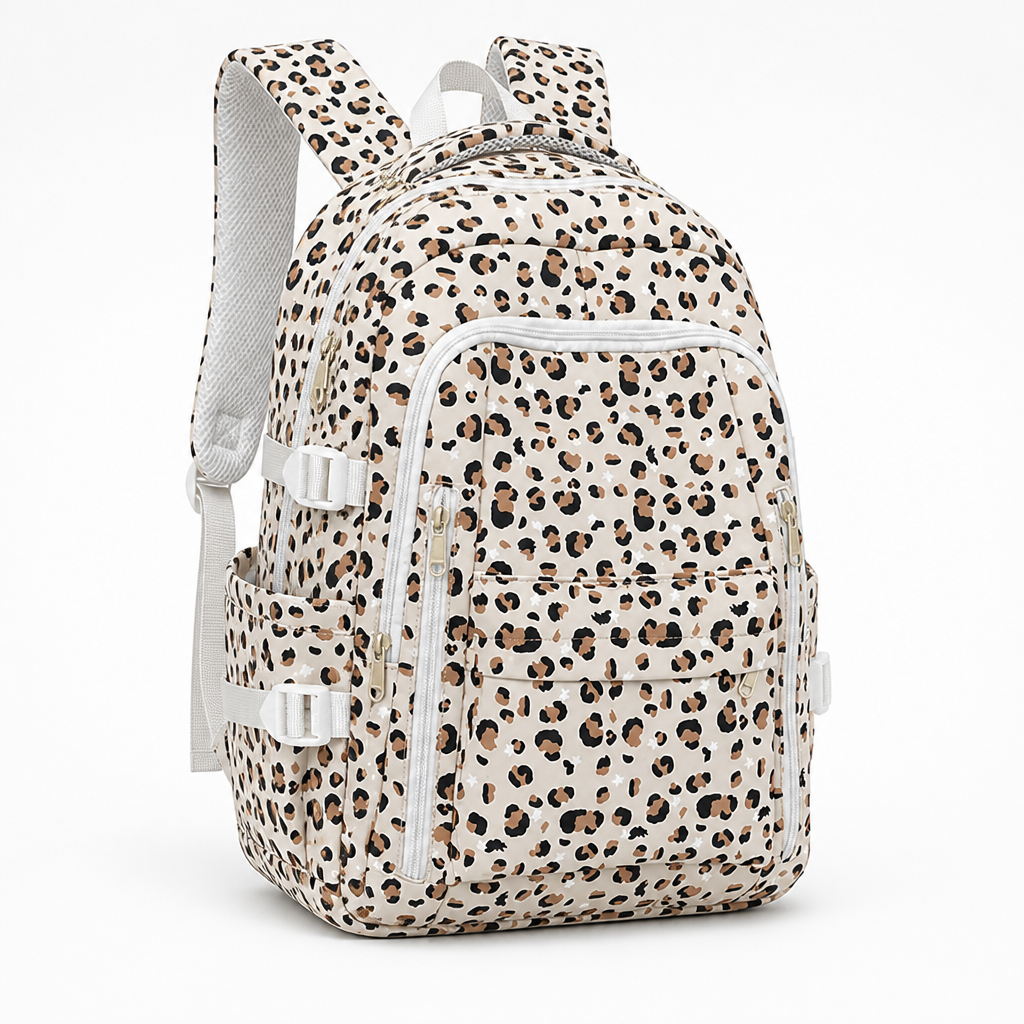 Leopard Print Multi-Compartment School Backpack (Adjustable Padded Straps)