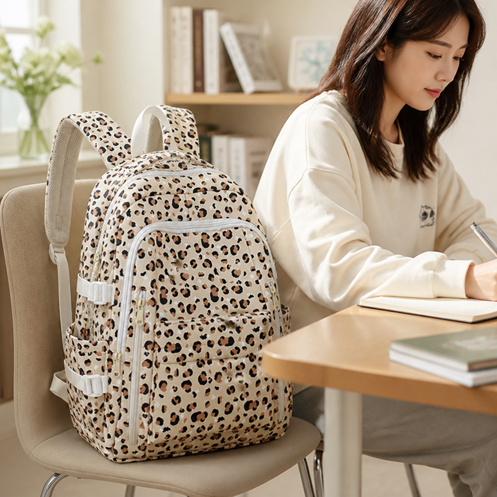 Leopard Print Multi-Compartment School Backpack (Adjustable Padded Straps)
