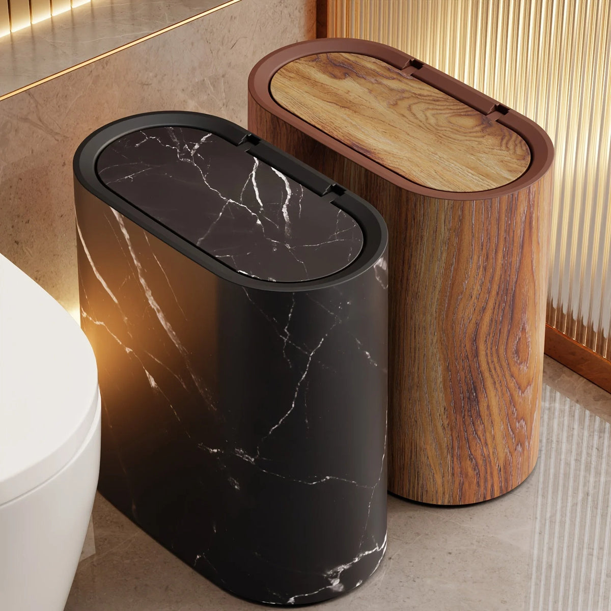 Lidded Bathroom Bin Marble-Effect Flush-Fitting Lid