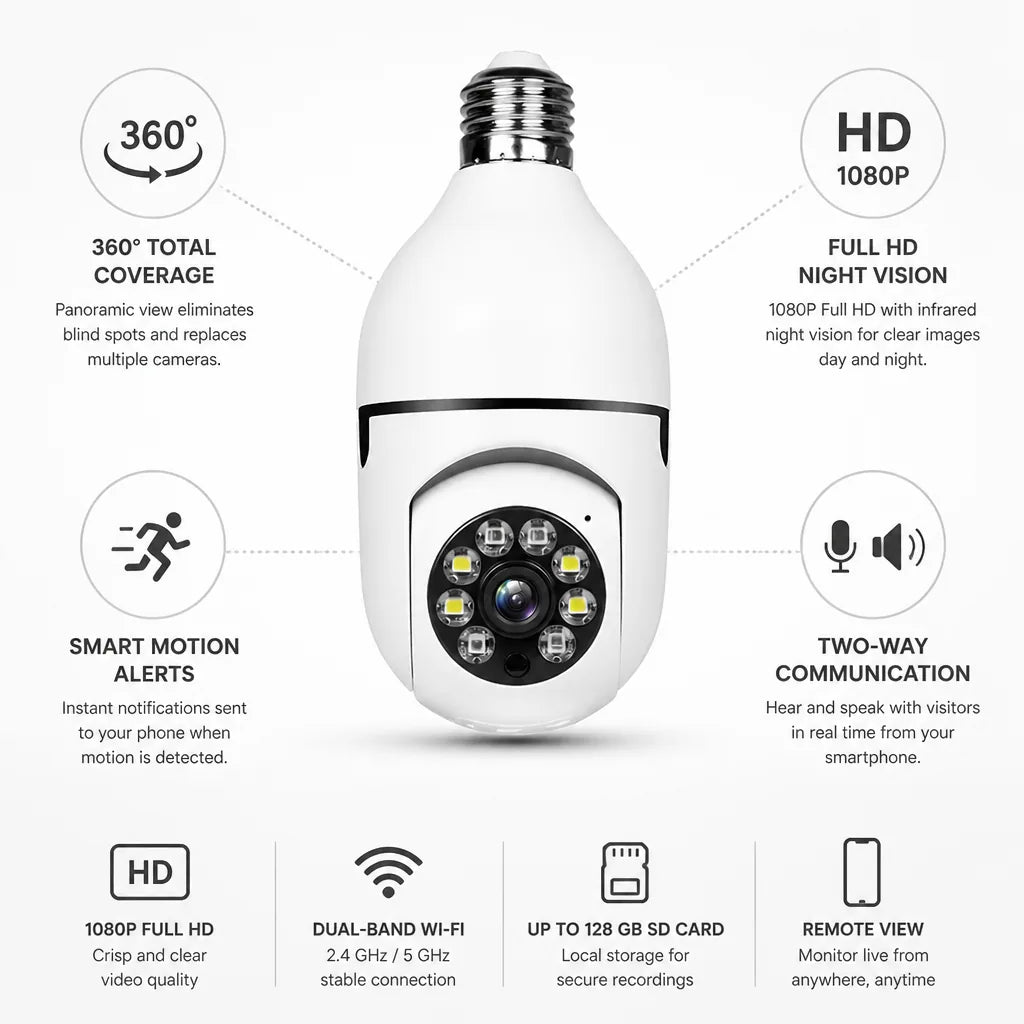 Light Bulb Security Camera 360° Panoramic Full HD Night Vision