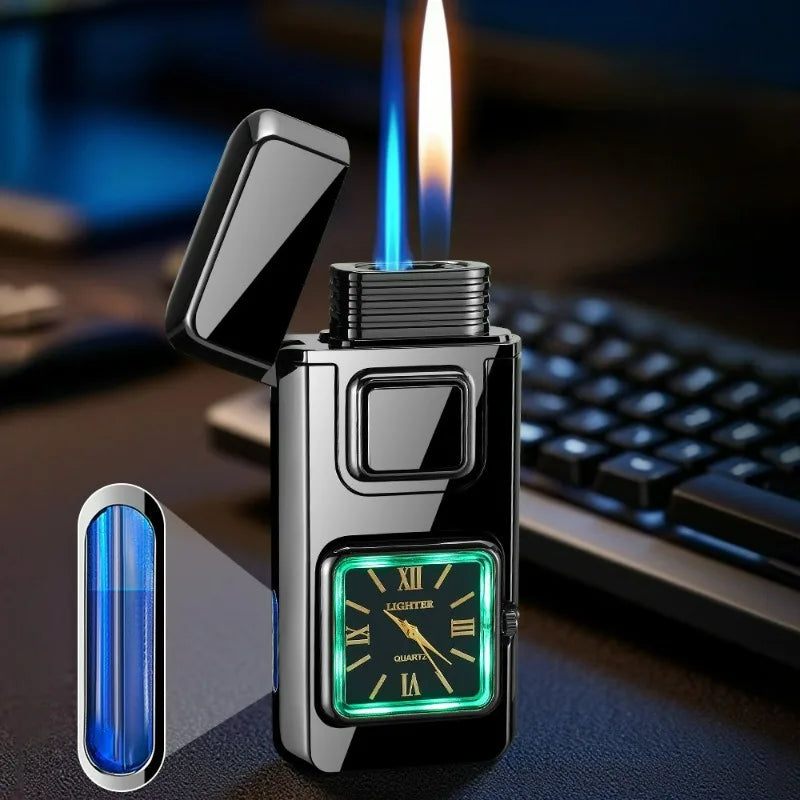 Lighter Refillable Butane Dual-Flame Built-In Analog Clock