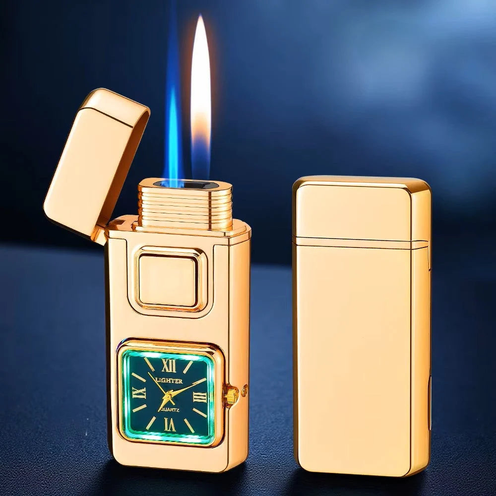 Lighter Refillable Butane Dual-Flame Built-In Analog Clock