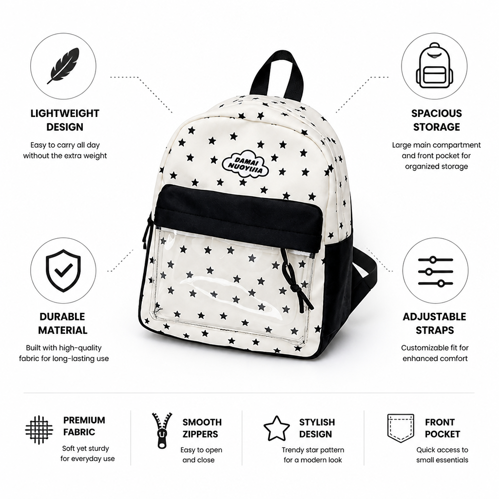 Lightweight Durable Star-Print School Backpack