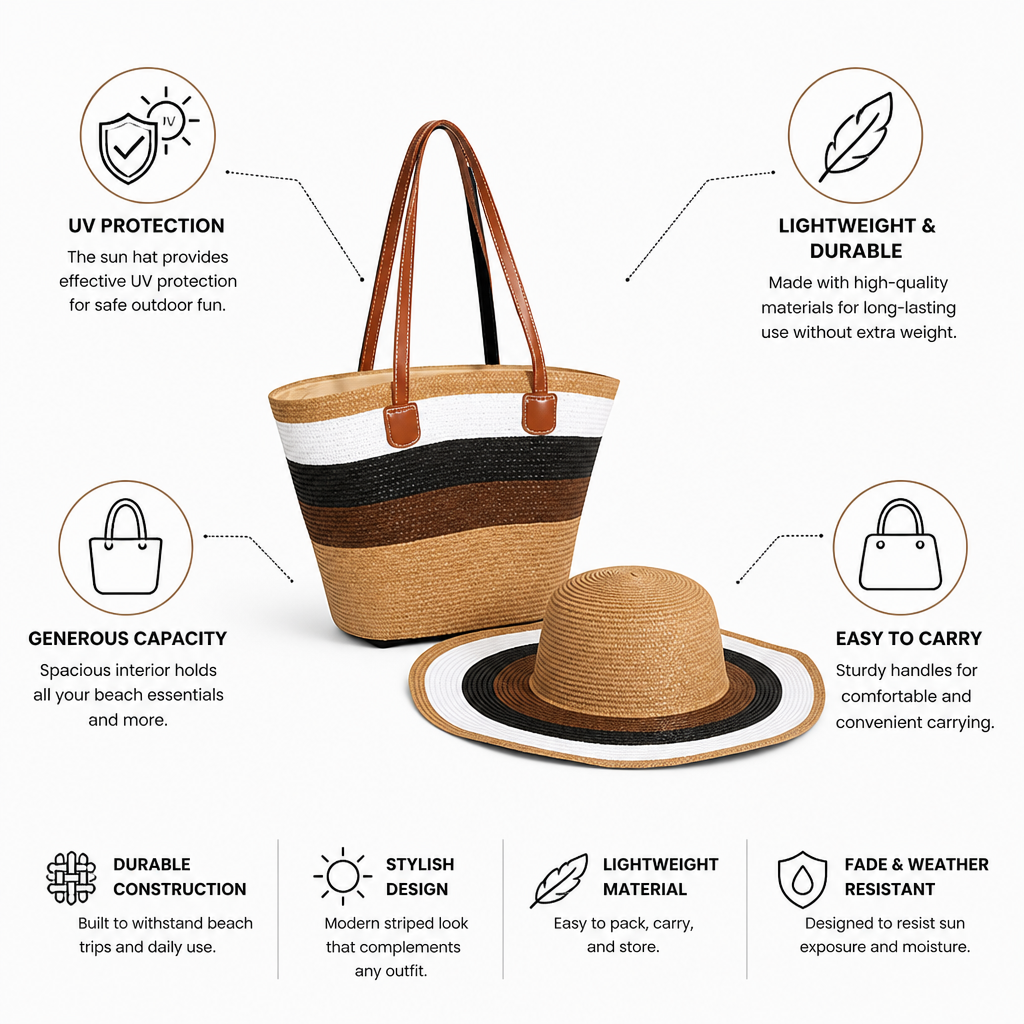Lightweight Durable UV-Protective Beach Bag & Sun Hat (Set of 2)