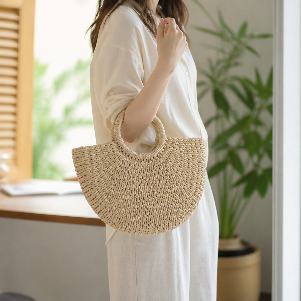 Lightweight Handwoven Straw Tote (Round Handles)