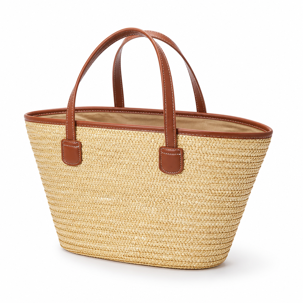 Lightweight Natural Straw Leather-Strap Tote