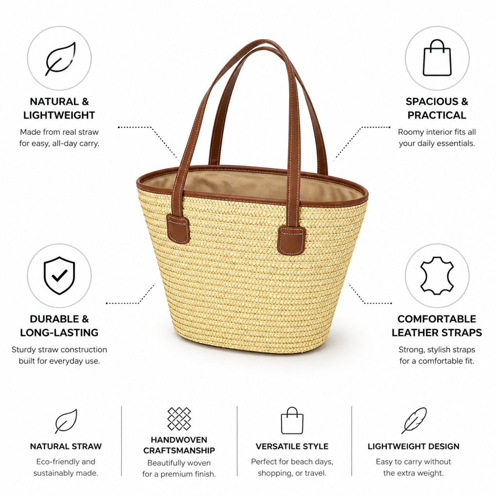 Lightweight Natural Straw Leather-Strap Tote