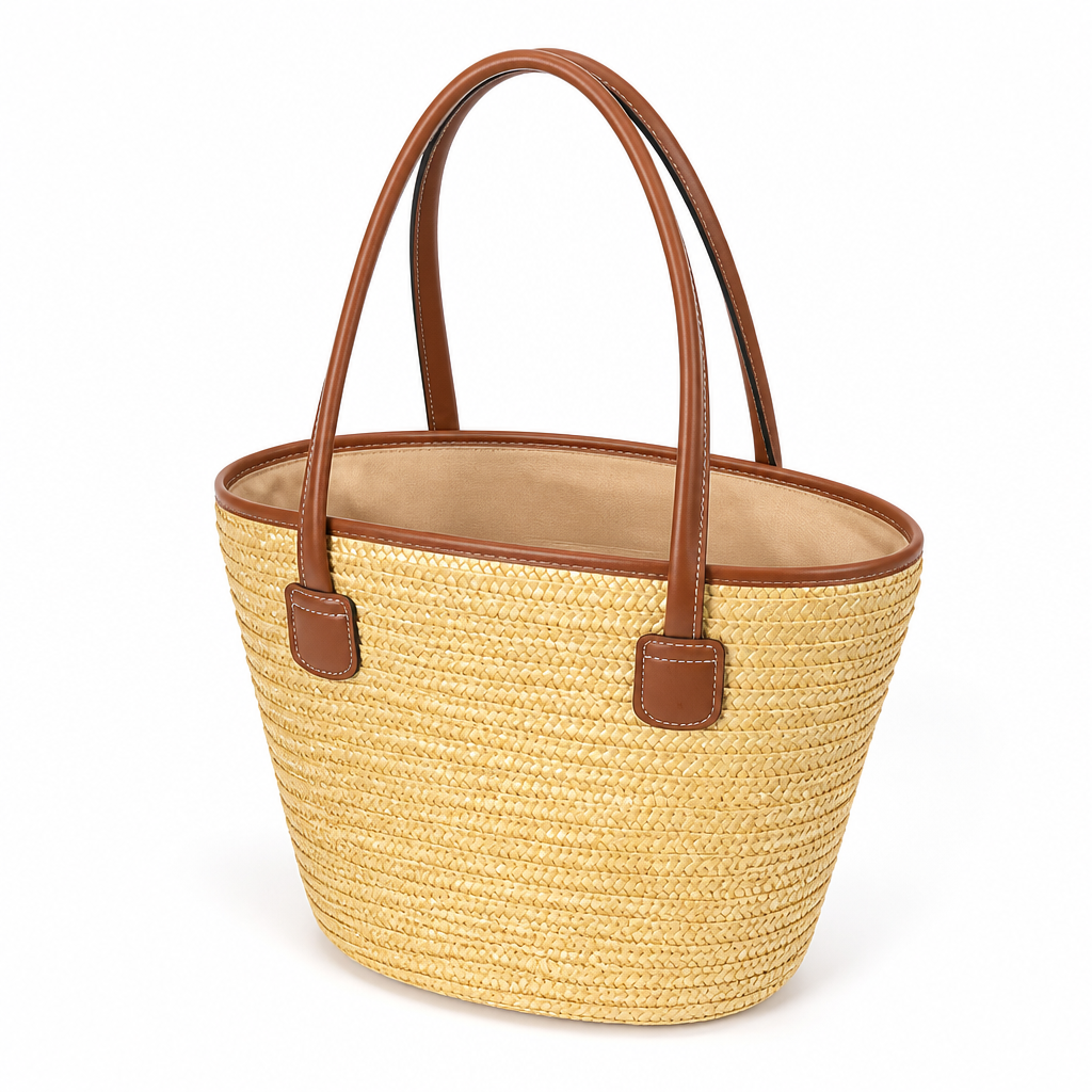 Lightweight Natural Straw Leather-Strap Tote