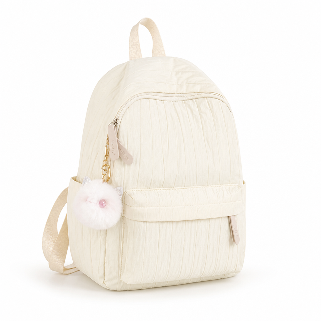 Lightweight Quilted Kids Backpack (Padded Straps & Pom-Pom)