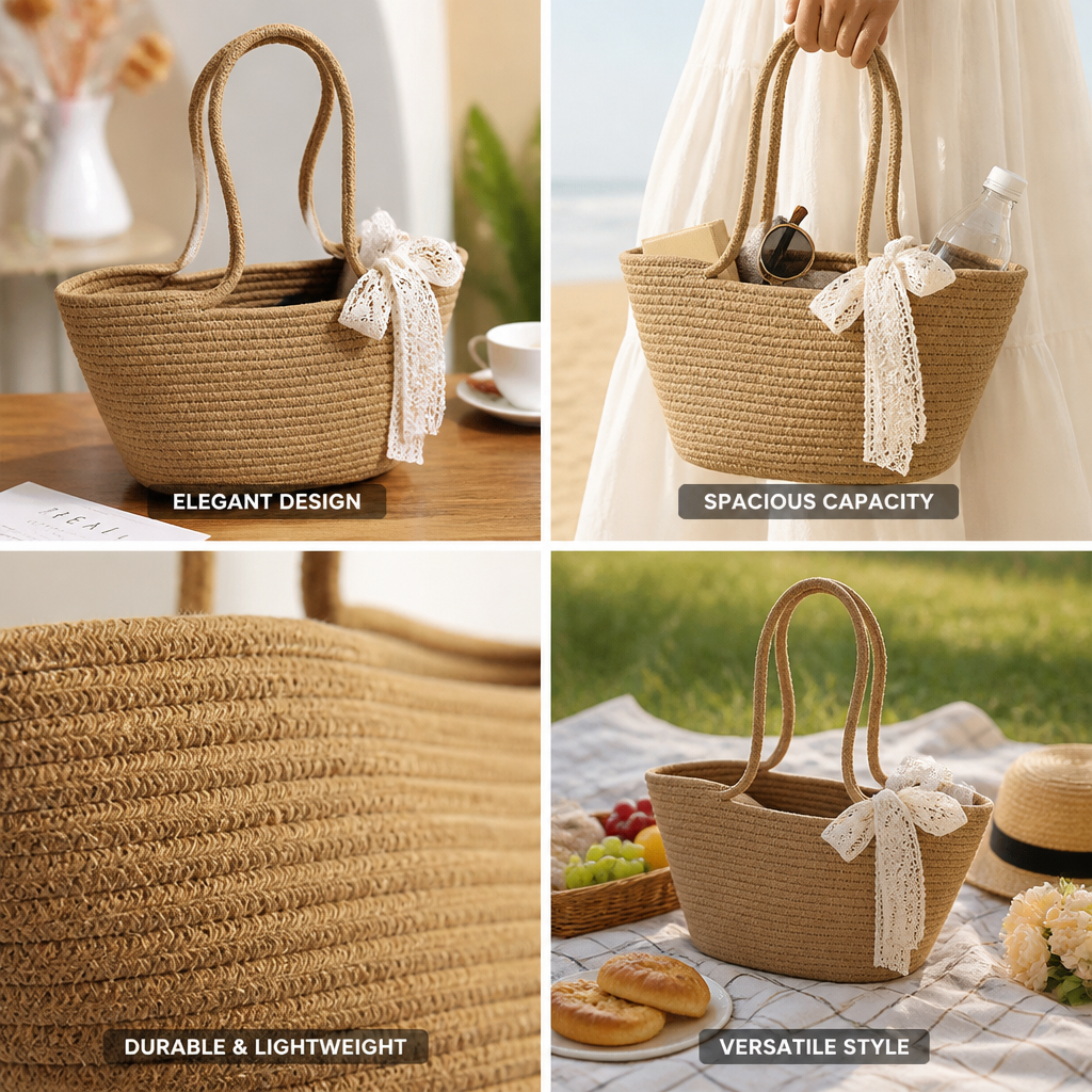 Lightweight Raffia Basket Bag With Lace Ribbon