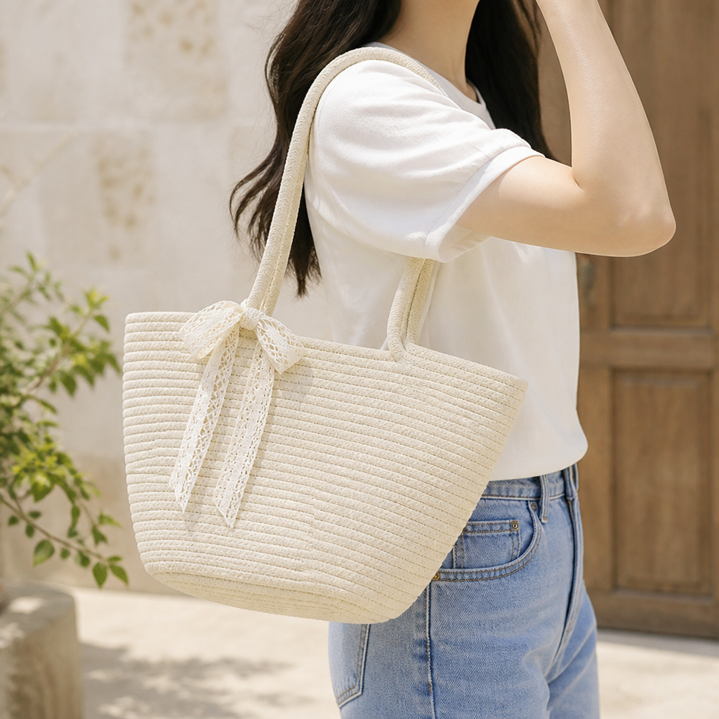 Lightweight Raffia Basket Bag With Lace Ribbon