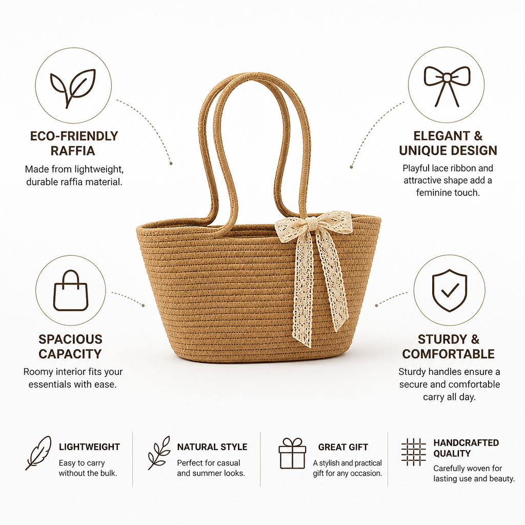 Lightweight Raffia Basket Bag With Lace Ribbon