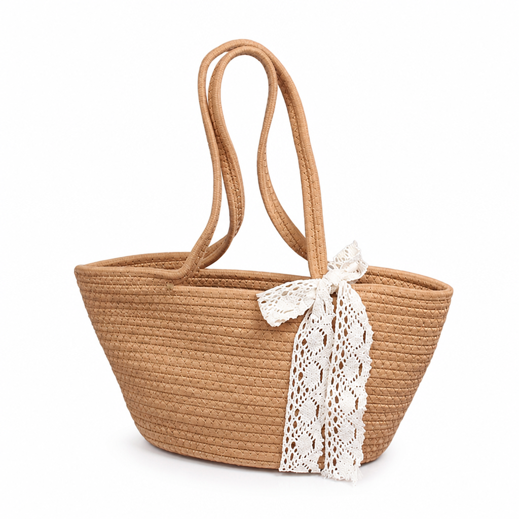 Lightweight Raffia Basket Bag With Lace Ribbon