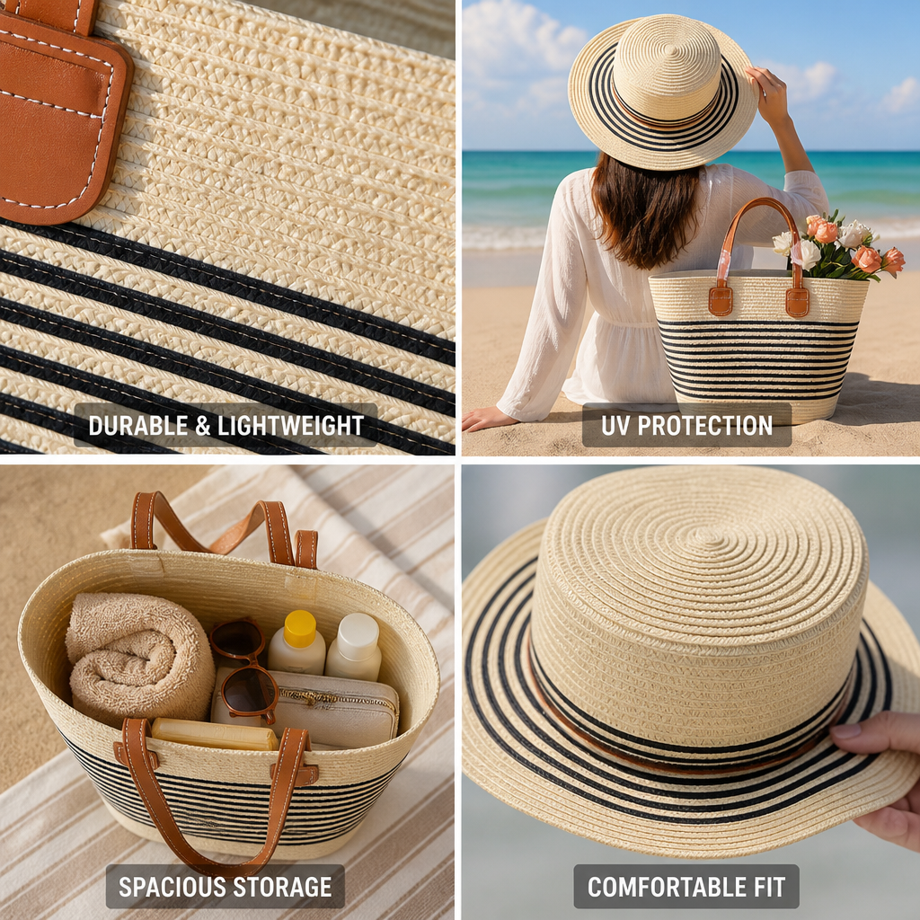 Lightweight Raffia UV-Protective Beach Bag & Sun Hat Set
