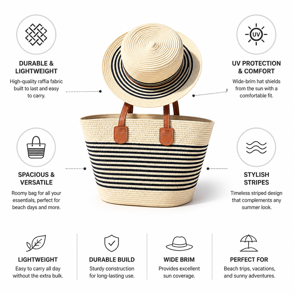 Lightweight Raffia UV-Protective Beach Bag & Sun Hat Set