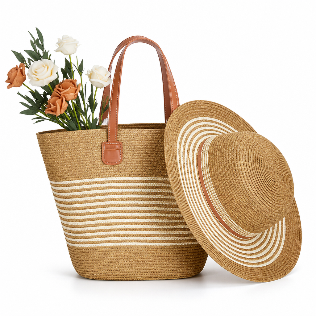 Lightweight Raffia UV-Protective Beach Bag & Sun Hat Set