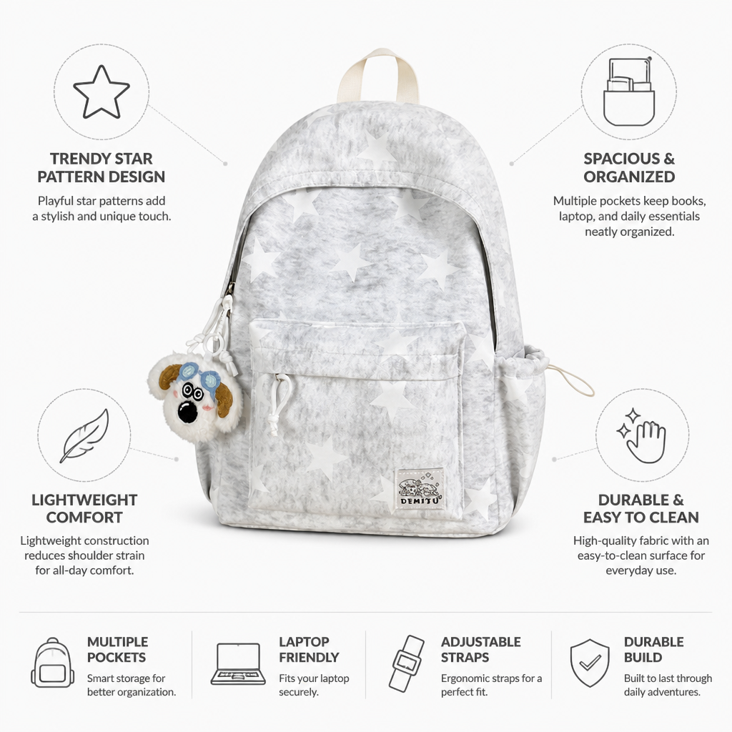 Lightweight Star-Print School Backpack (Multiple Pockets)