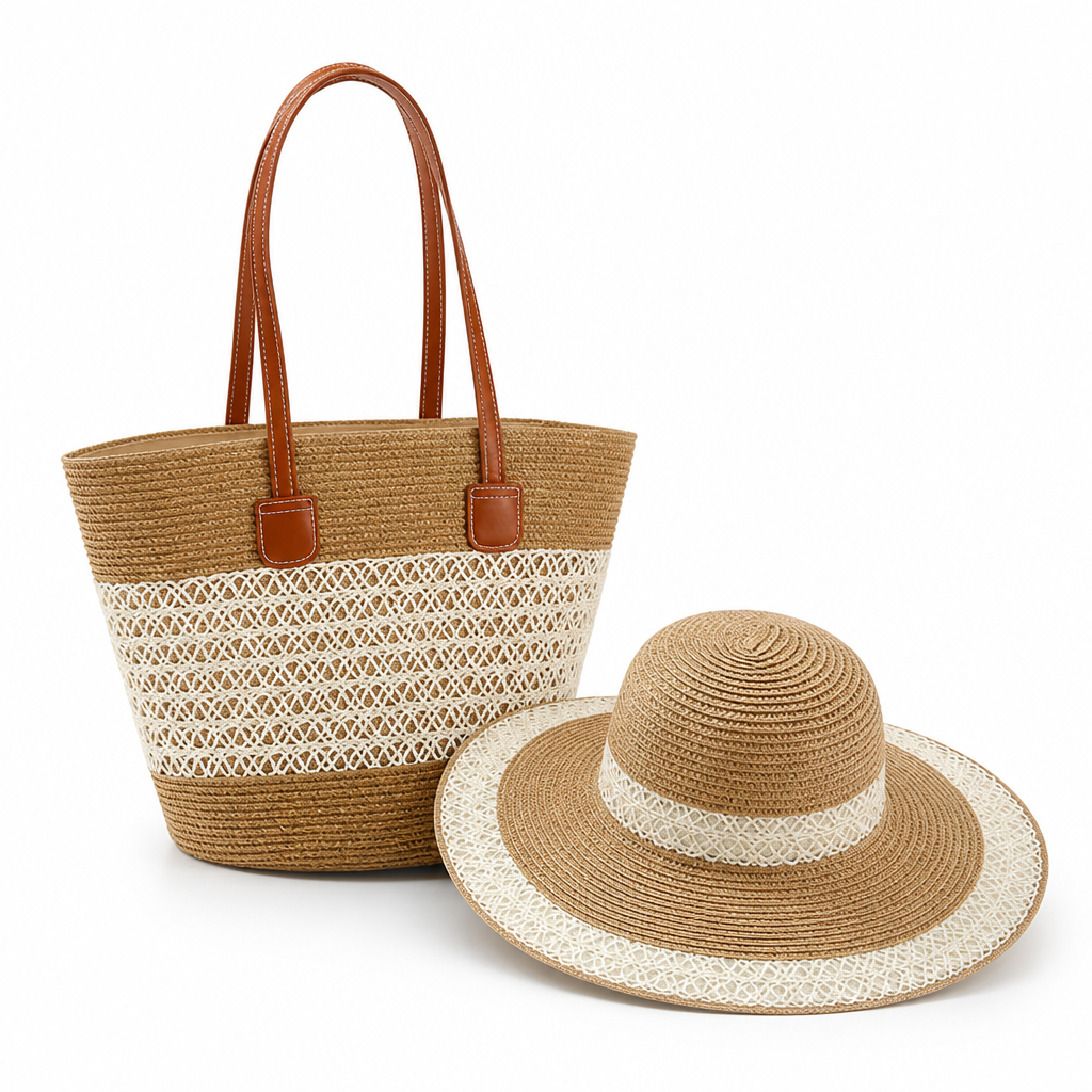 Lightweight Straw Beach Bag & UV-Protective Sun Hat Set