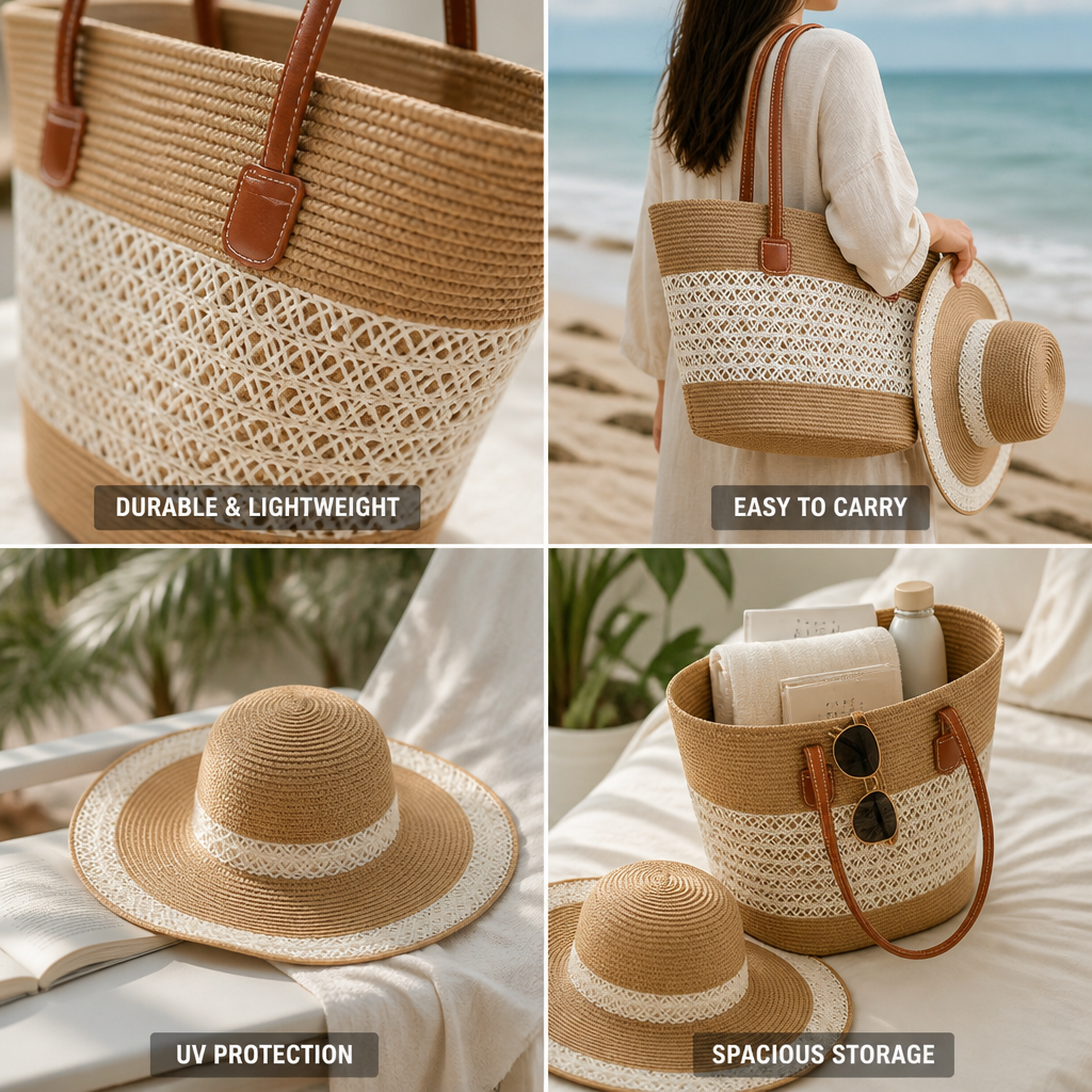 Lightweight Straw Beach Bag & UV-Protective Sun Hat Set