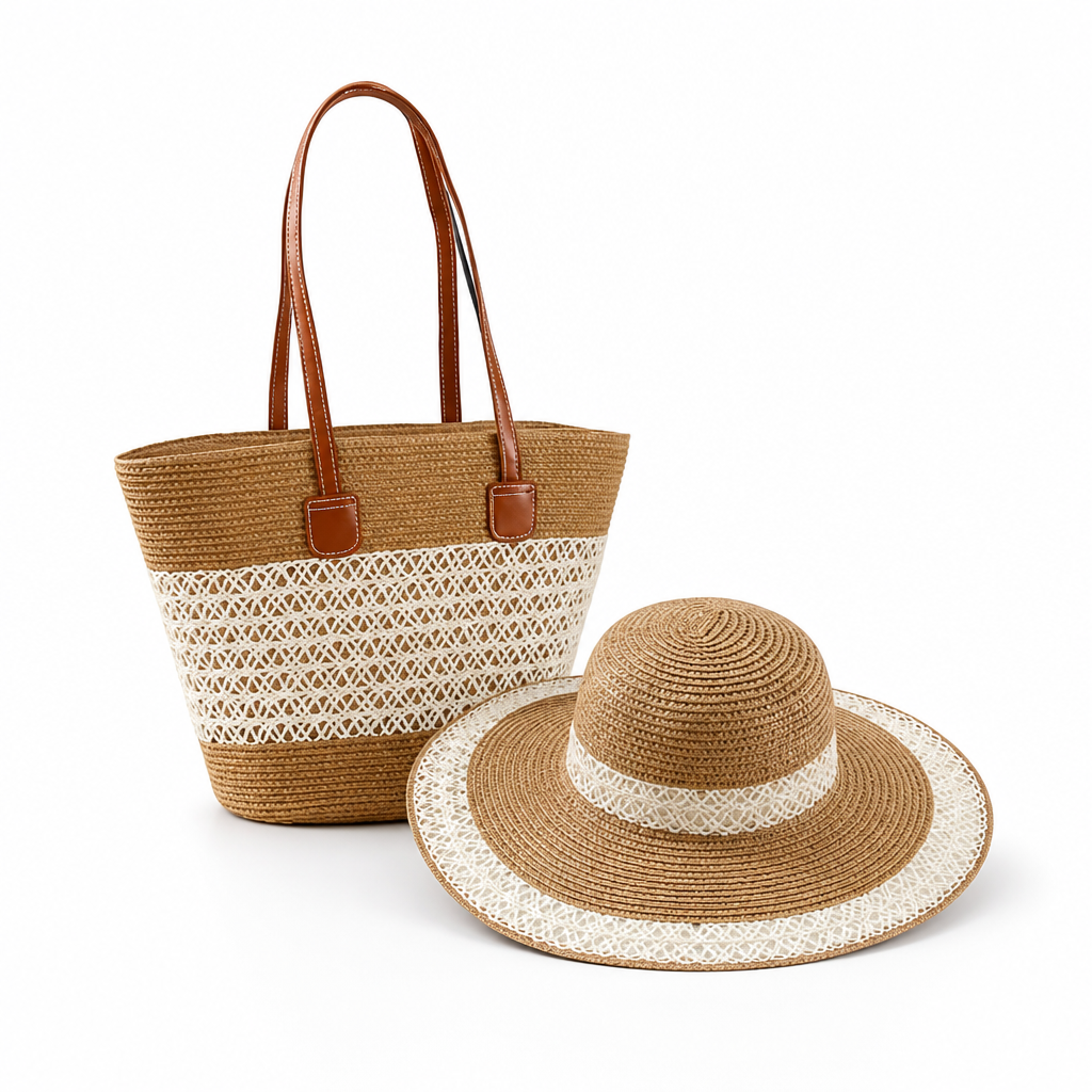 Lightweight Straw Beach Bag & UV-Protective Sun Hat Set