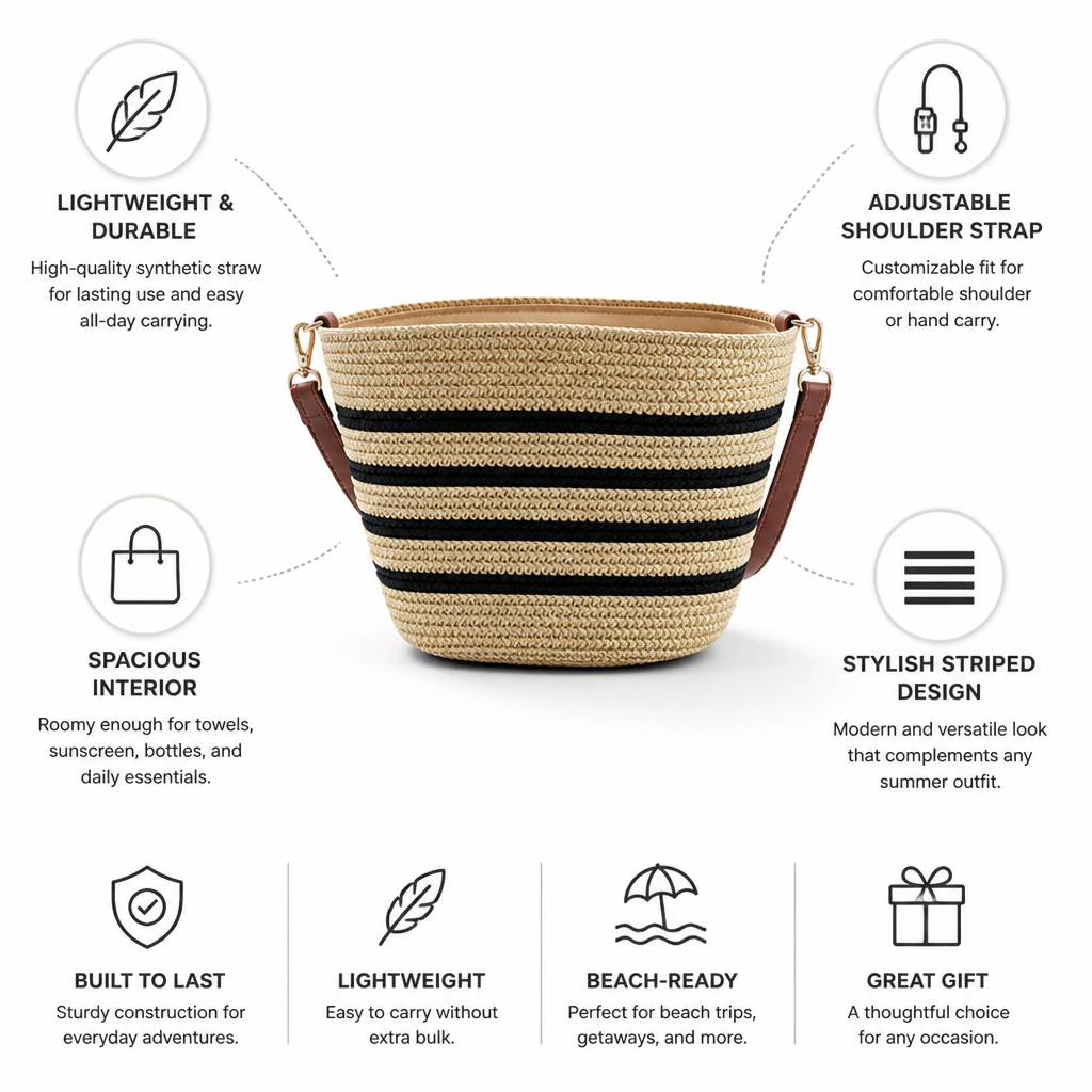 Lightweight Synthetic Straw Beach Bag With Adjustable Strap