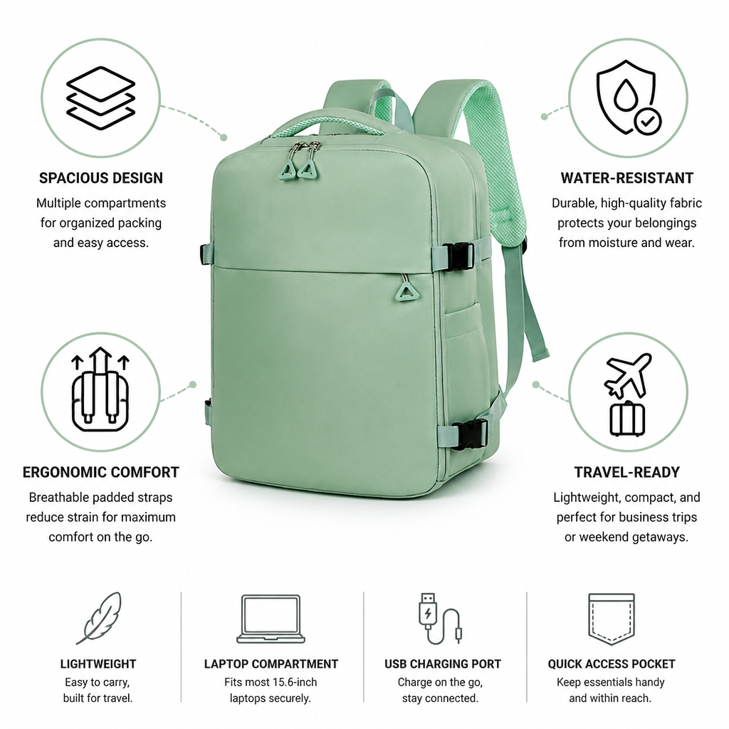 Lightweight Water-Resistant Multi-Compartment Travel Backpack