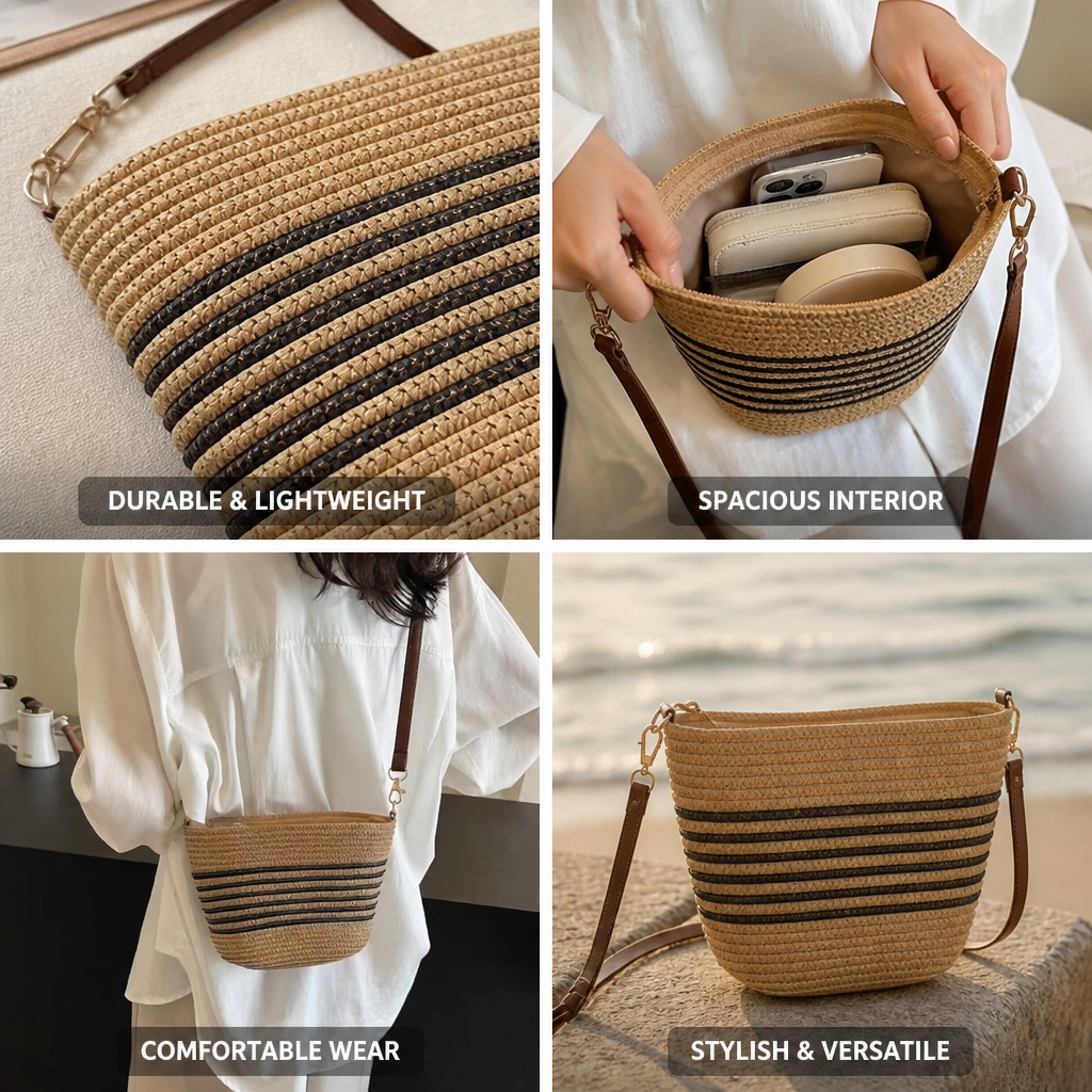 Lightweight Woven Crossbody Bag (Leather Strap)