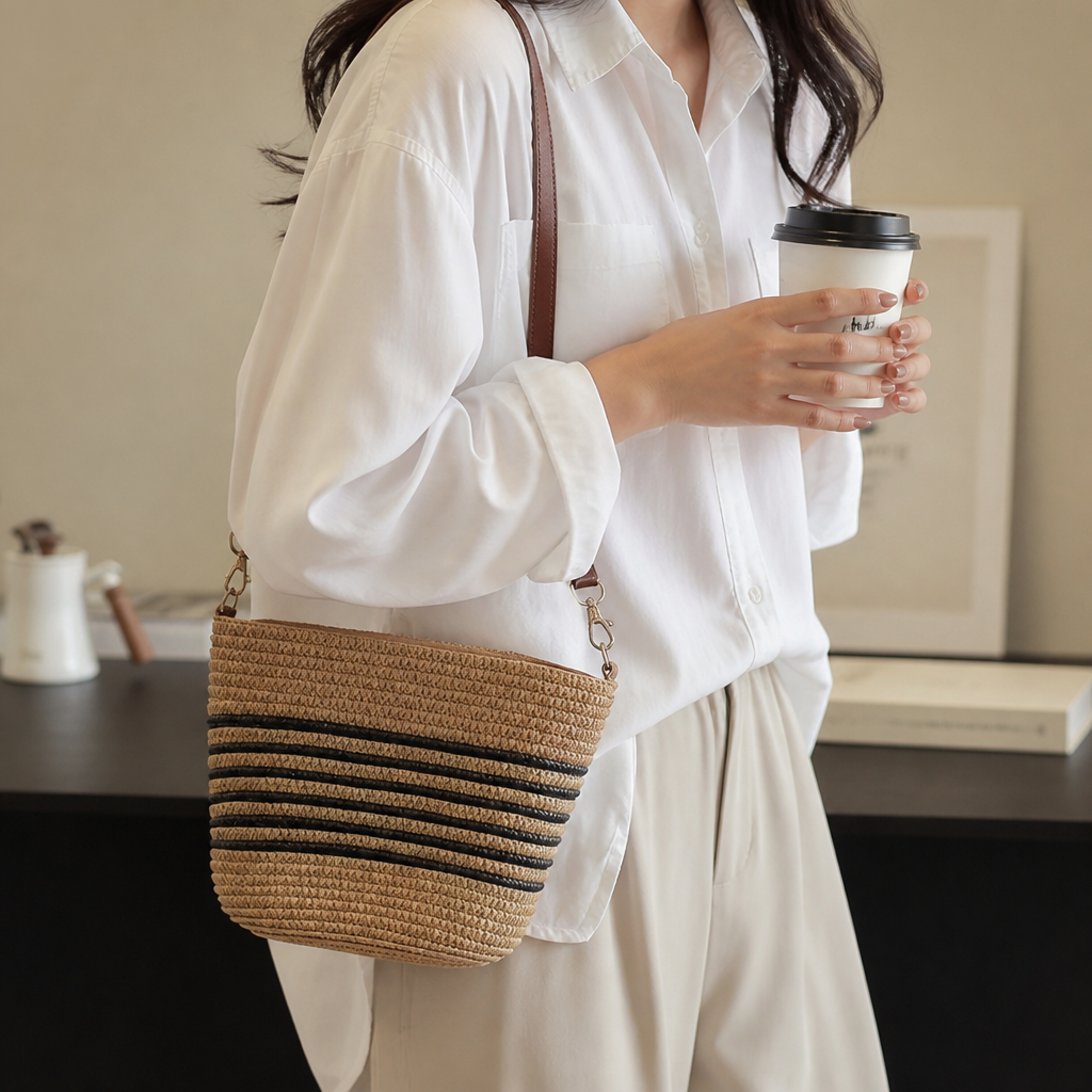 Lightweight Woven Crossbody Bag (Leather Strap)