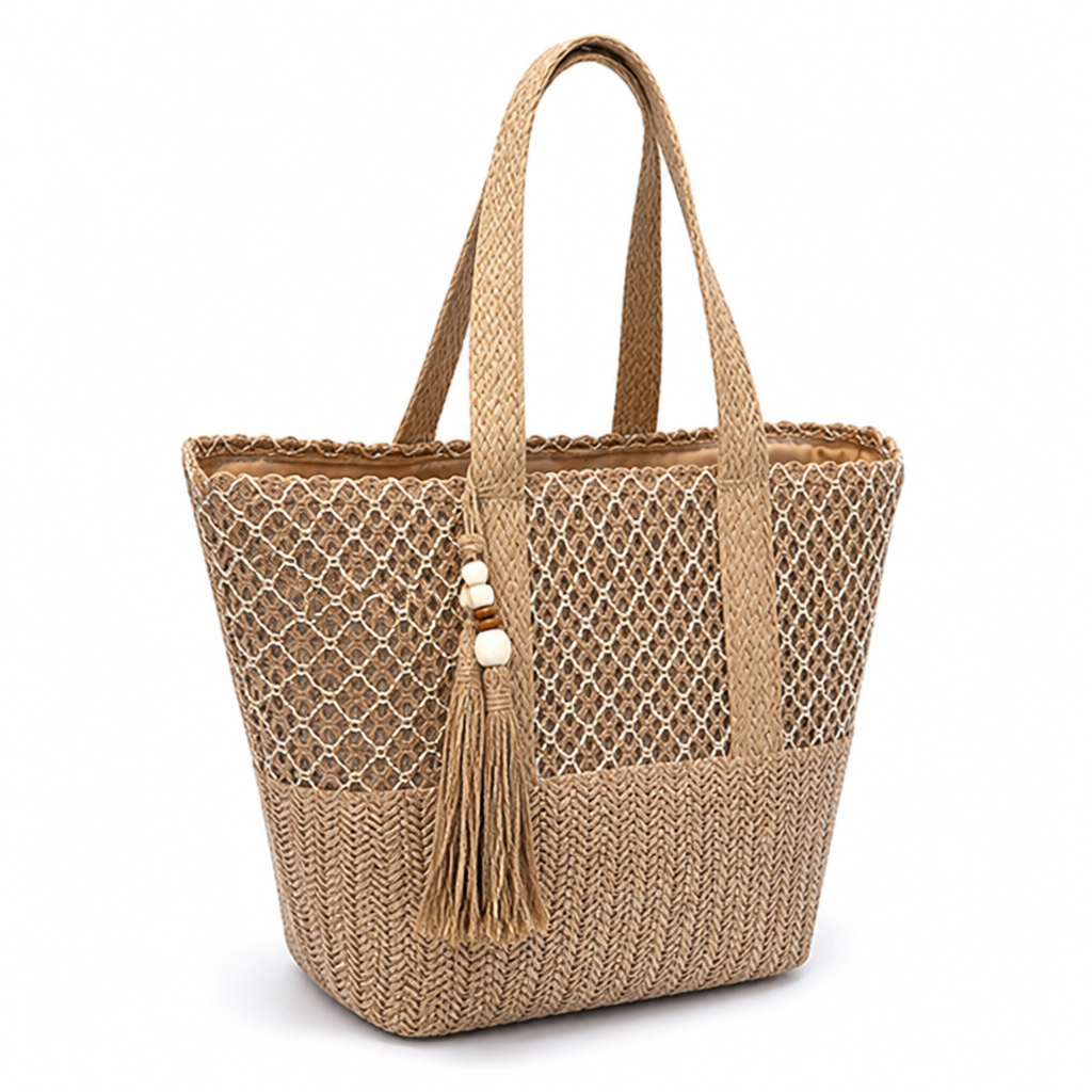 Lightweight Woven Straw Zip-Top Beach Tote