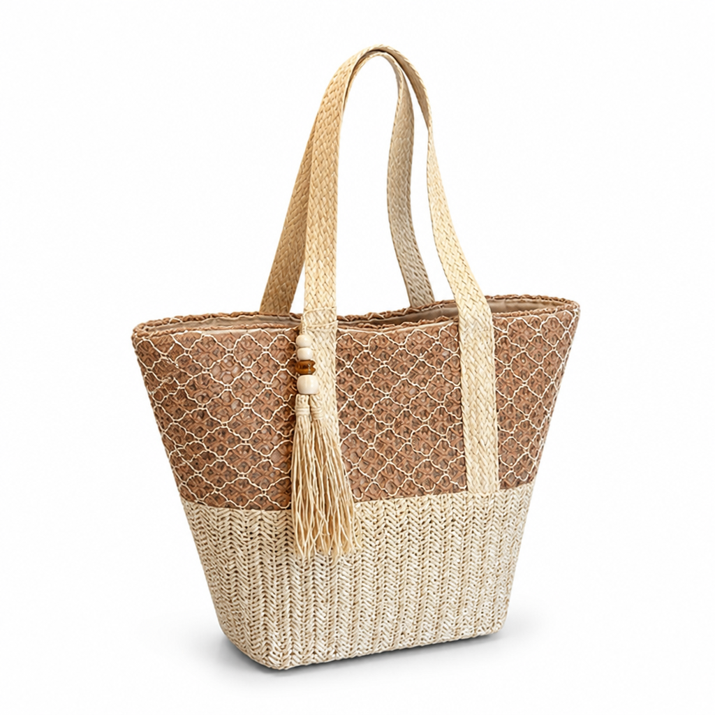 Lightweight Woven Straw Zip-Top Beach Tote