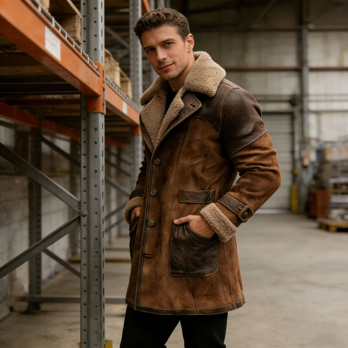 Long Coat Sherpa-Lined Suede-Look Leather Trim