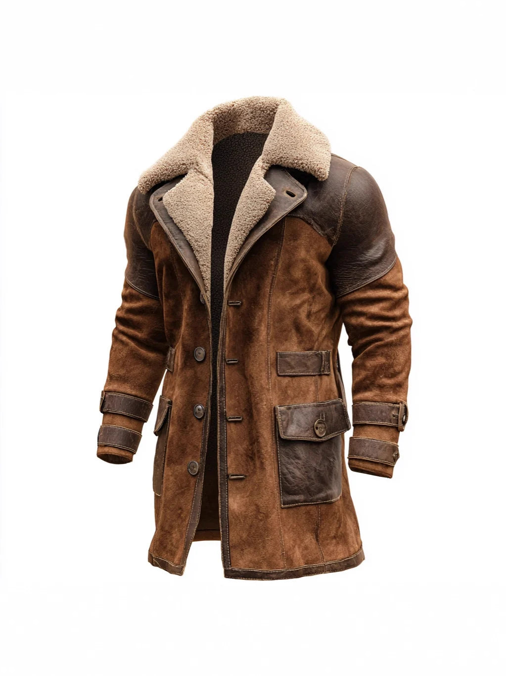 Long Coat Sherpa-Lined Suede-Look Leather Trim
