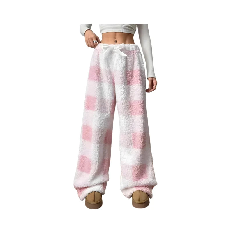 Lounge Pants Plaid Wide-Leg Elastic Waist