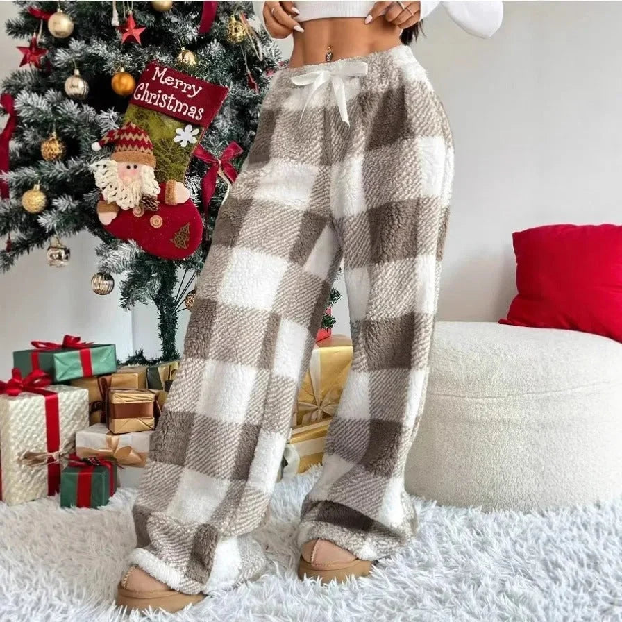 Lounge Pants Plaid Wide-Leg Elastic Waist