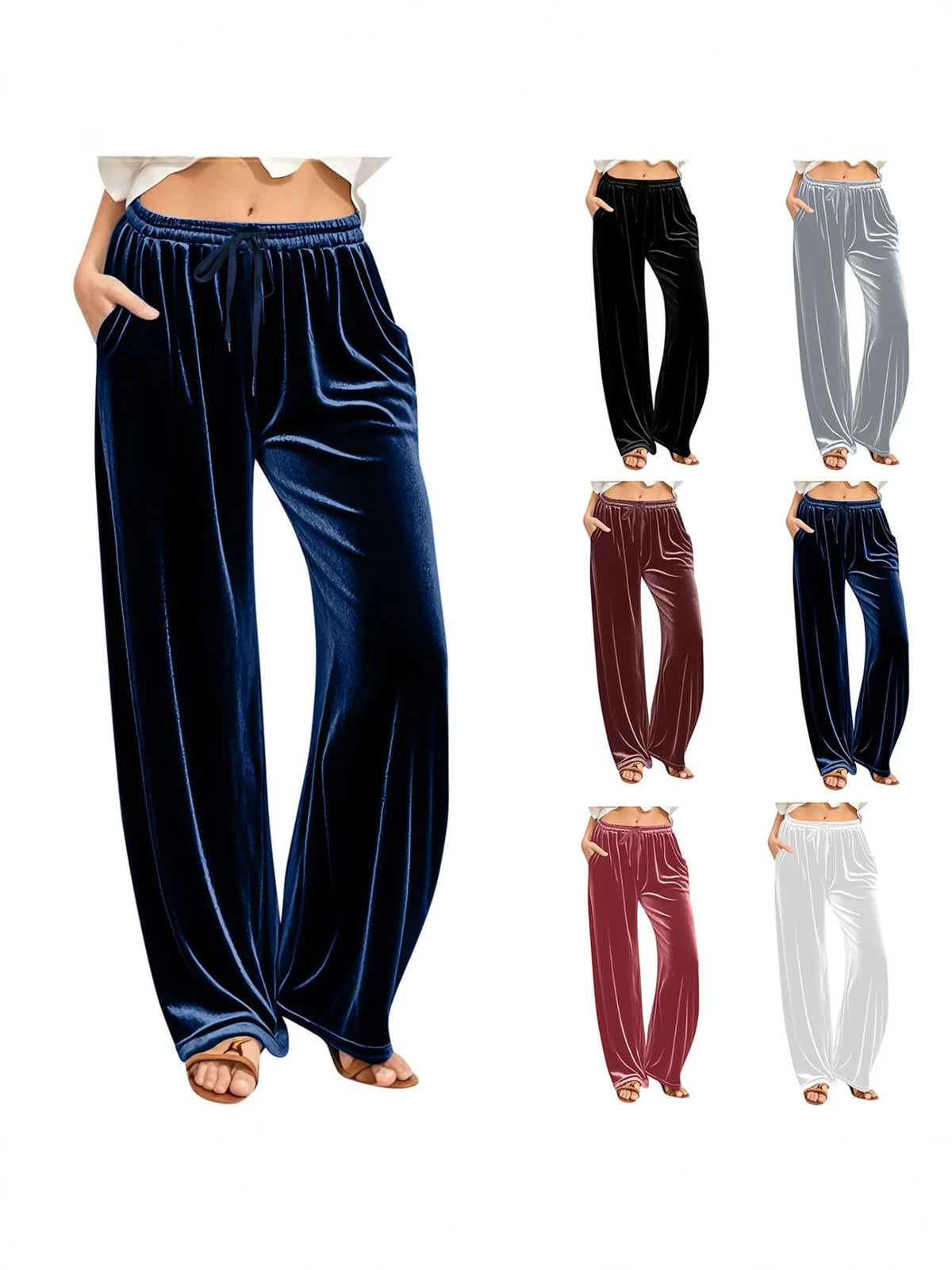 Lounge Pants Velvet Wide-Leg Drawstring Waist With Side Pockets