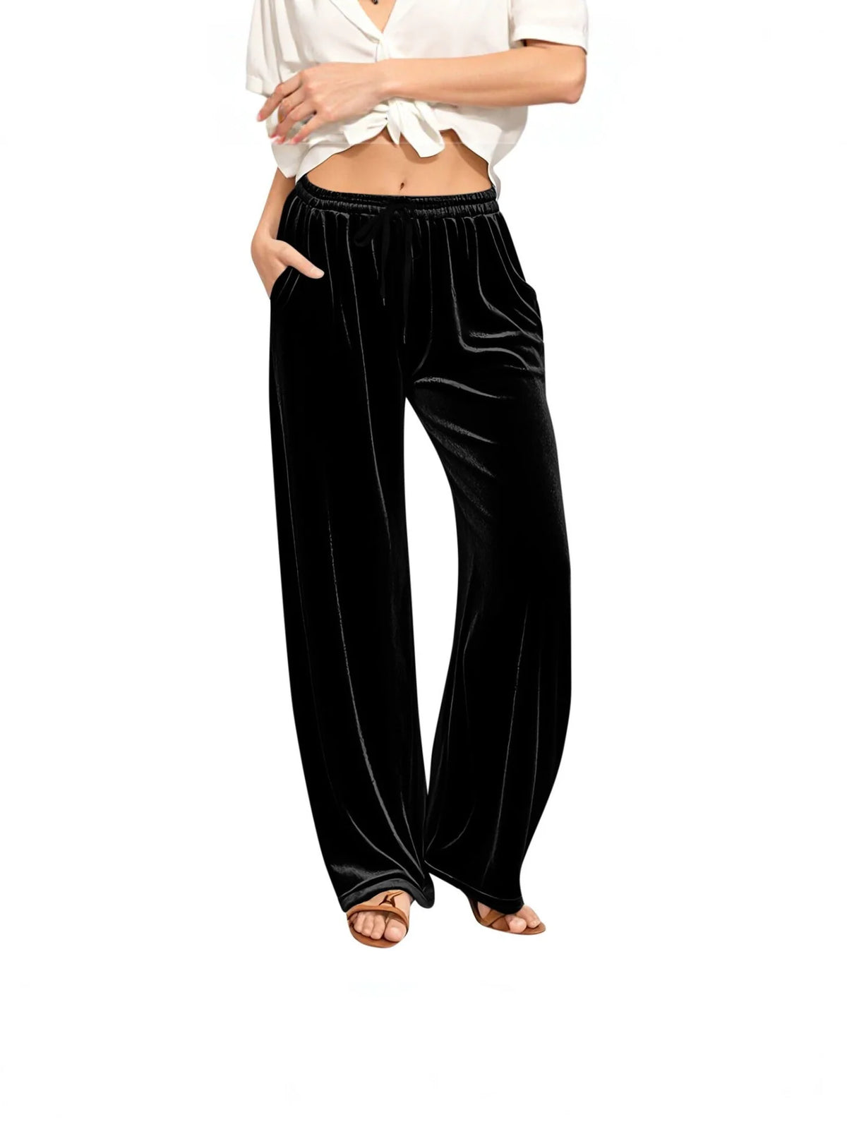 Lounge Pants Velvet Wide-Leg Drawstring Waist With Side Pockets