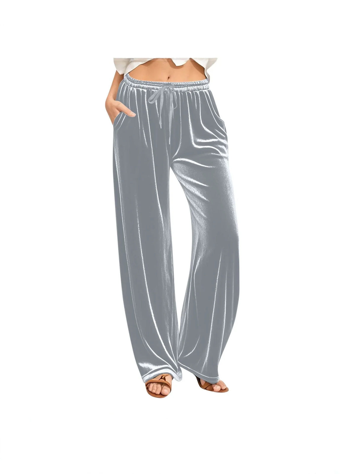 Lounge Pants Velvet Wide-Leg Drawstring Waist With Side Pockets