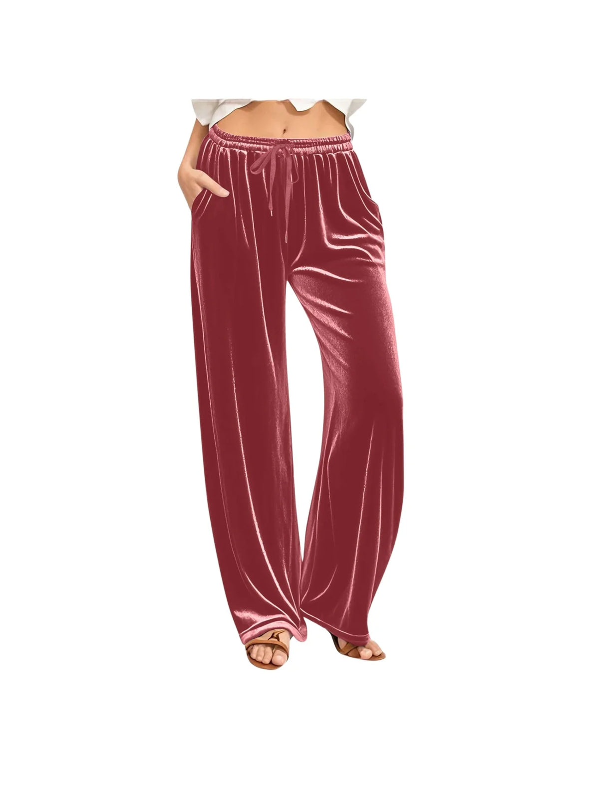 Lounge Pants Velvet Wide-Leg Drawstring Waist With Side Pockets