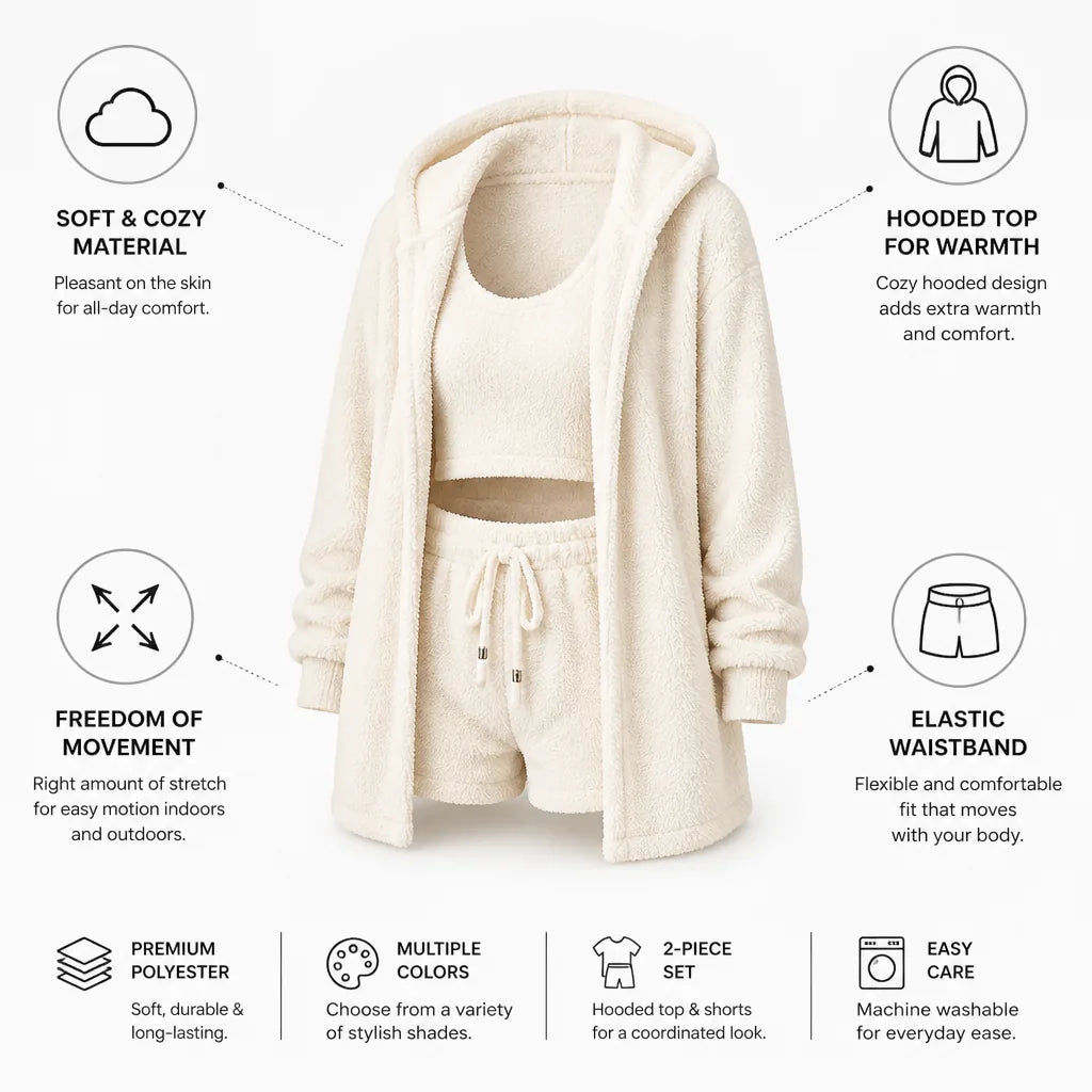 Loungewear Set Hooded Top & Shorts Soft Polyester Elastic Waistband