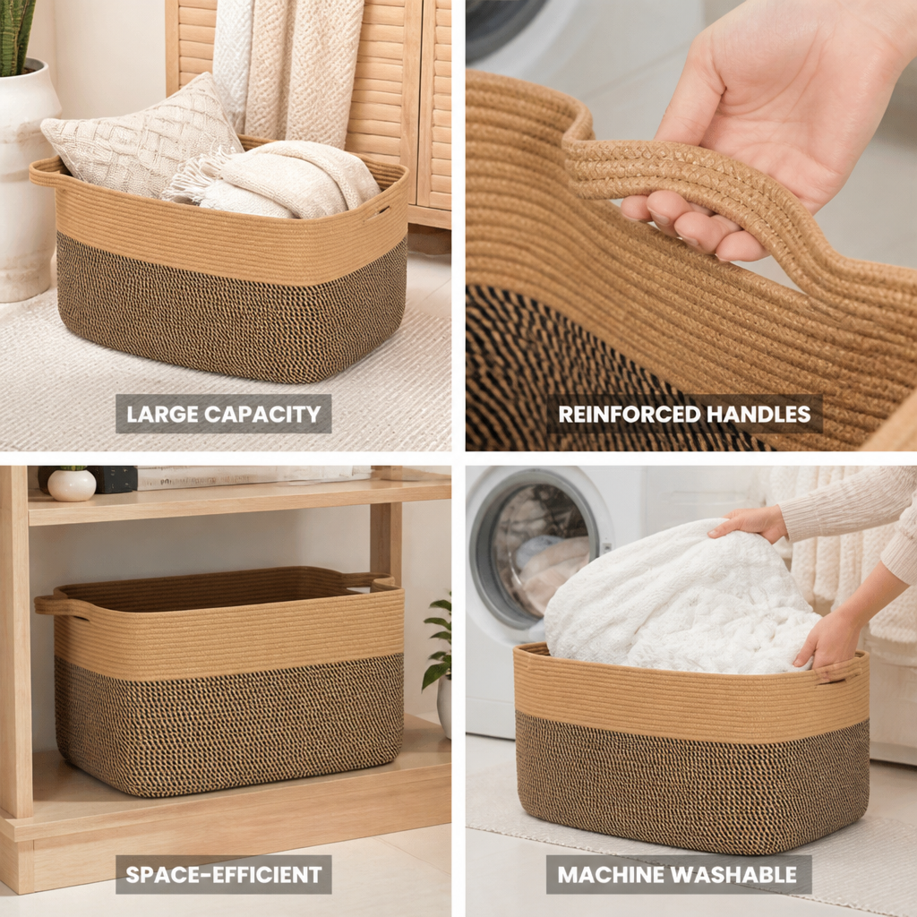 Machine Washable Woven Cotton Rope Storage Basket (45L)
