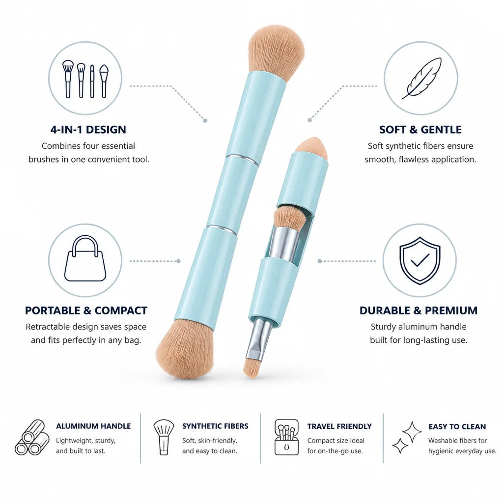 Makeup Brush 4-in-1 Retractable Aluminum Handle