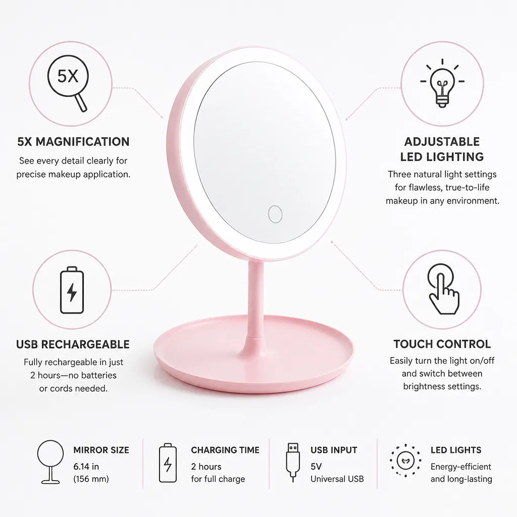 Makeup Mirror 5x Magnification Adjustable LED & USB Rechargeable