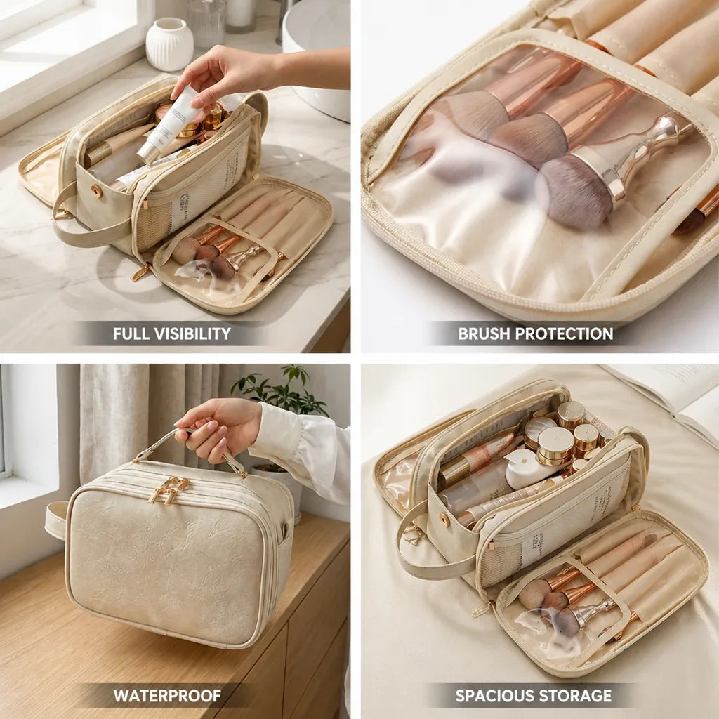 Makeup Organizer Flat-Opening Dual Zip Brush Protectors