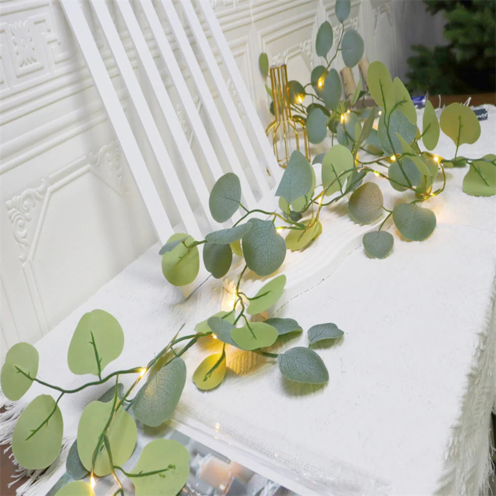 Mantel Garland Faux Eucalyptus & Rattan Balls Battery-Powered Warm LEDs