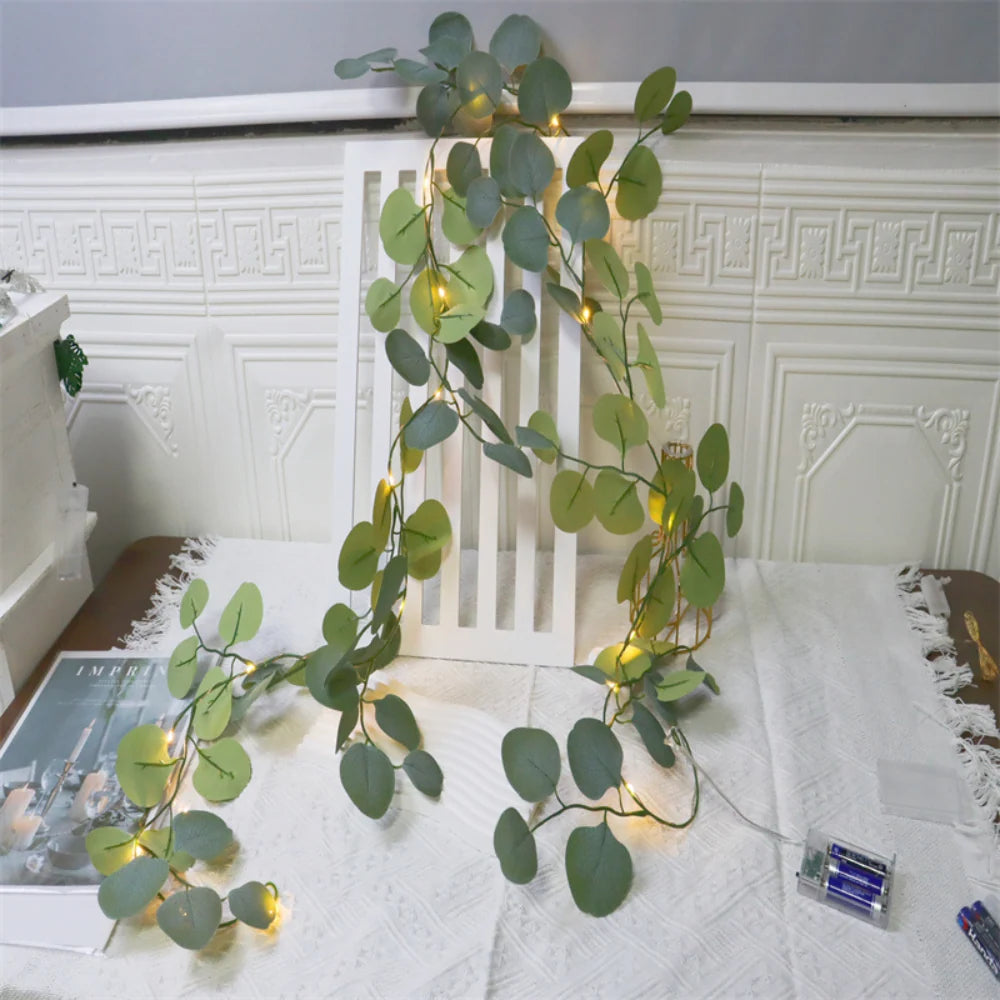 Mantel Garland Faux Eucalyptus & Rattan Balls Battery-Powered Warm LEDs